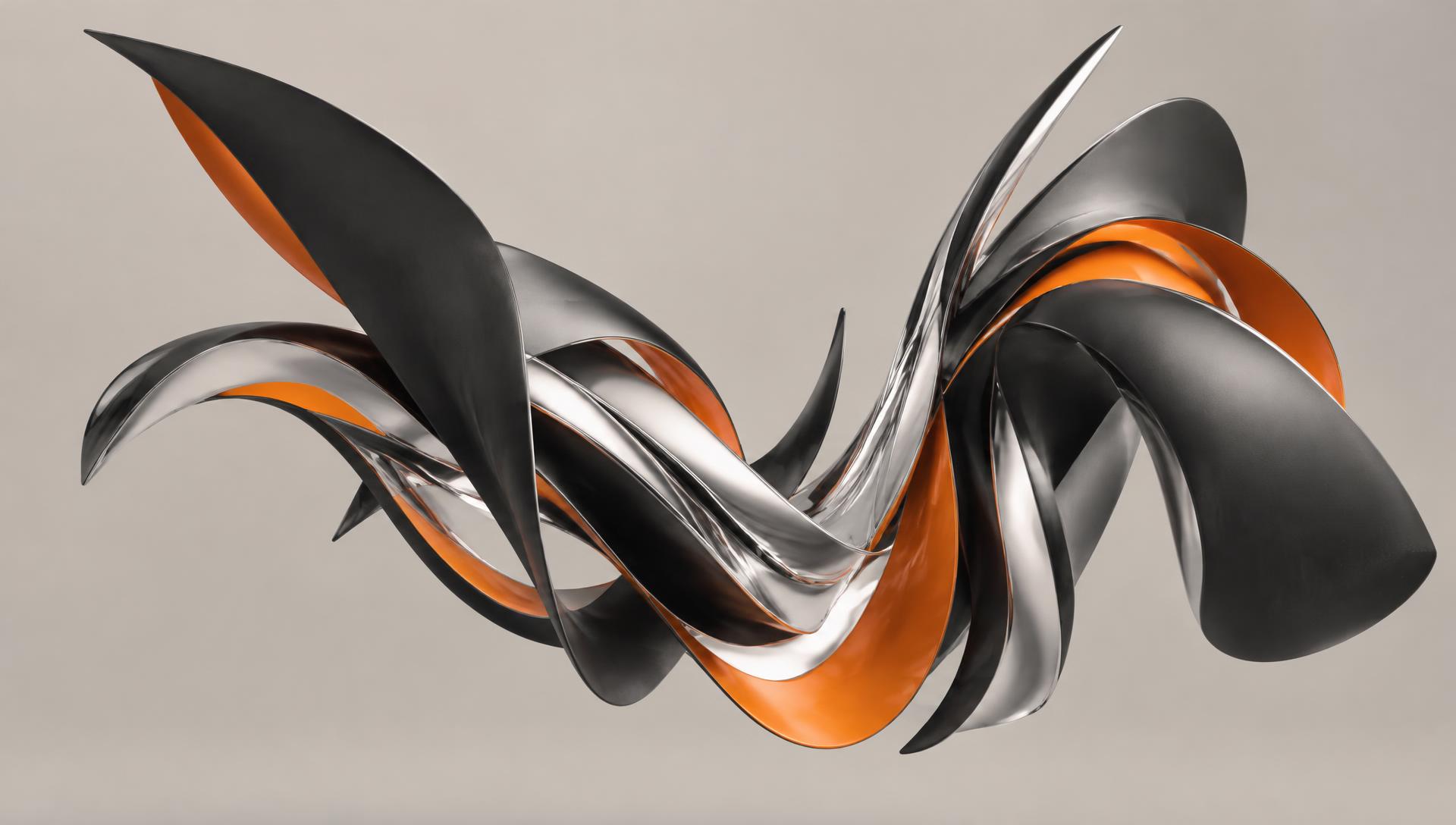 Escultura abstrata em preto, prata e laranja